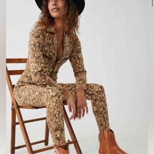 Free People Full Zip Lennox Cappuccino Combo Floral Jumpsuit S